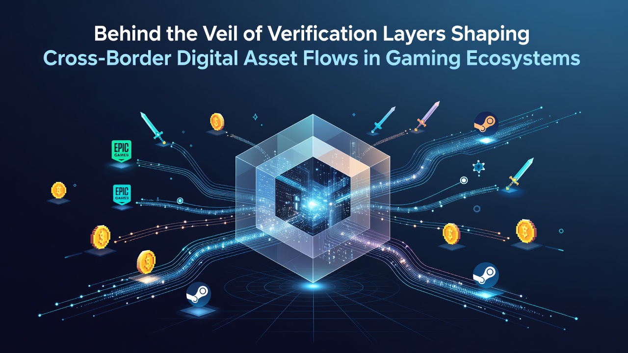 Complex verification layers and digital asset flow diagram across gaming platforms