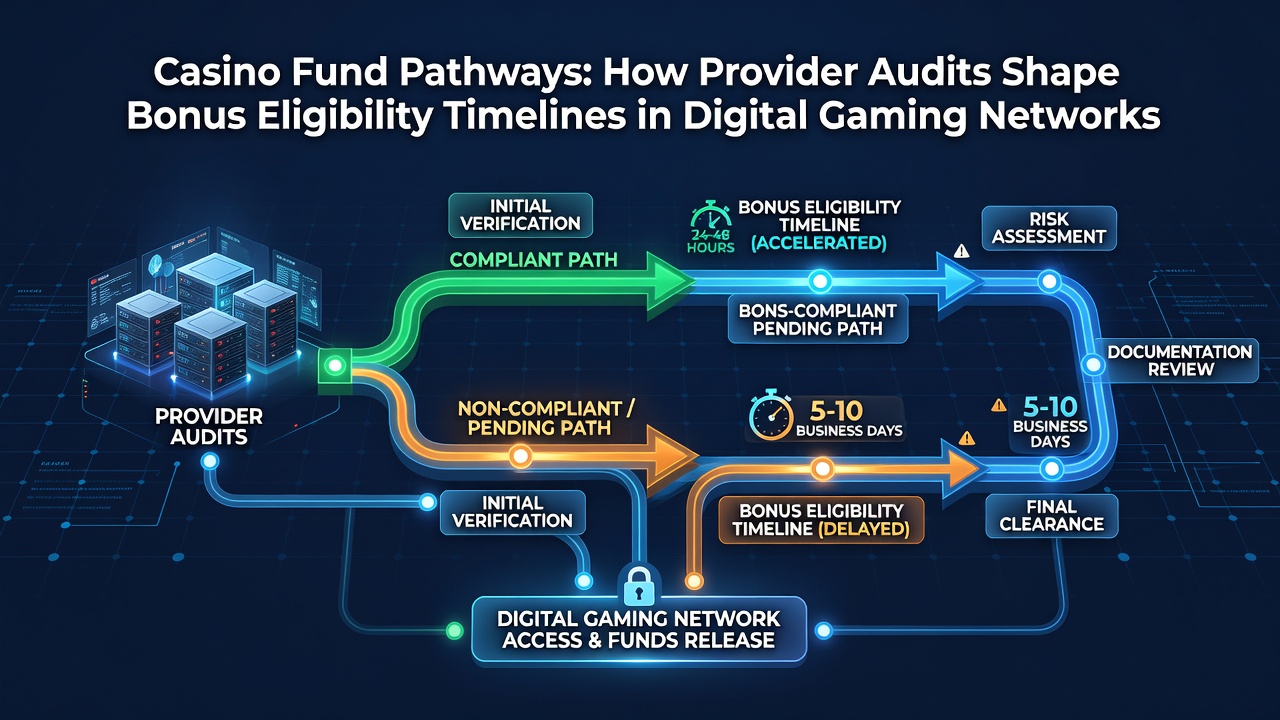 Flowchart illustrating provider audit stages affecting casino bonus eligibility and fund release timelines