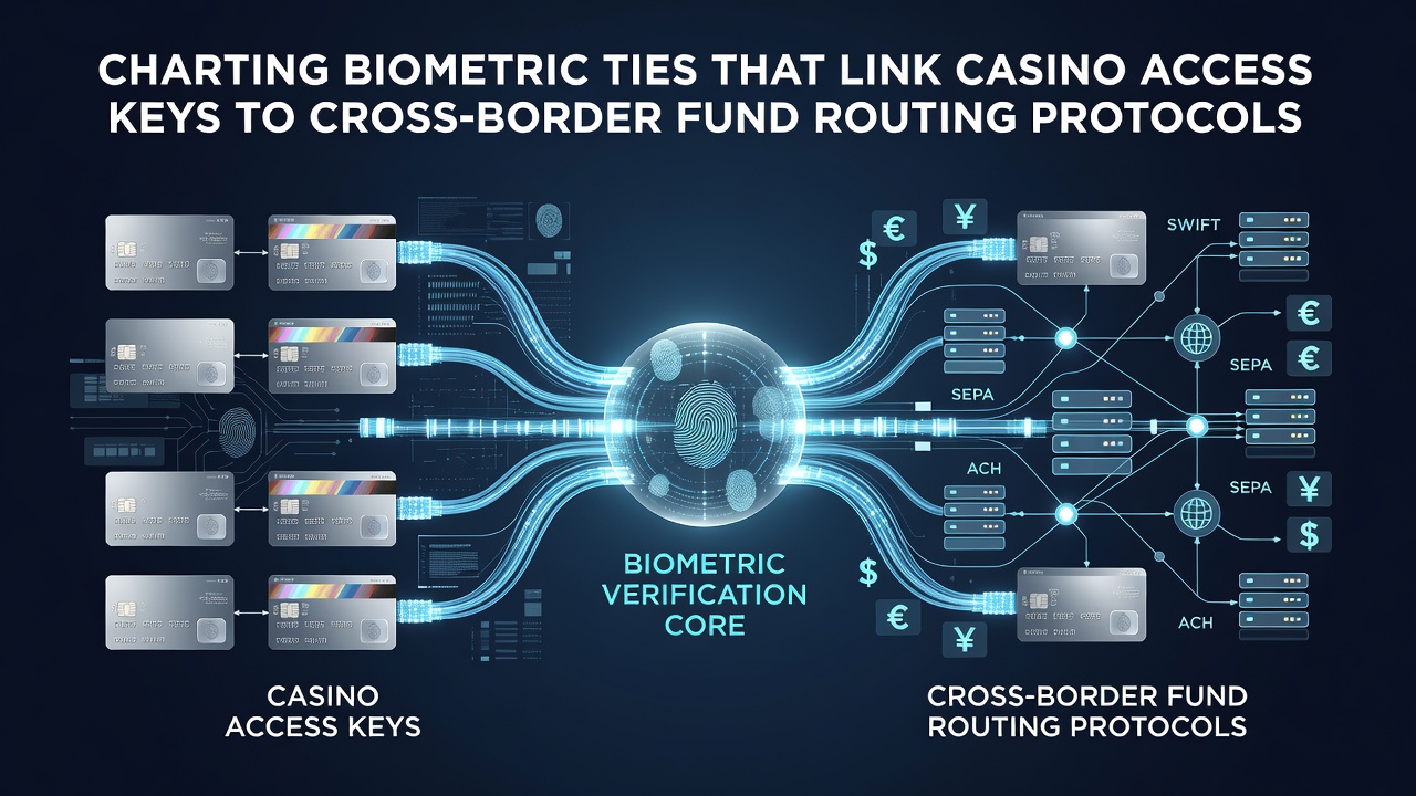 Diagram showing biometric data flow from casino access keys into international fund routing networks