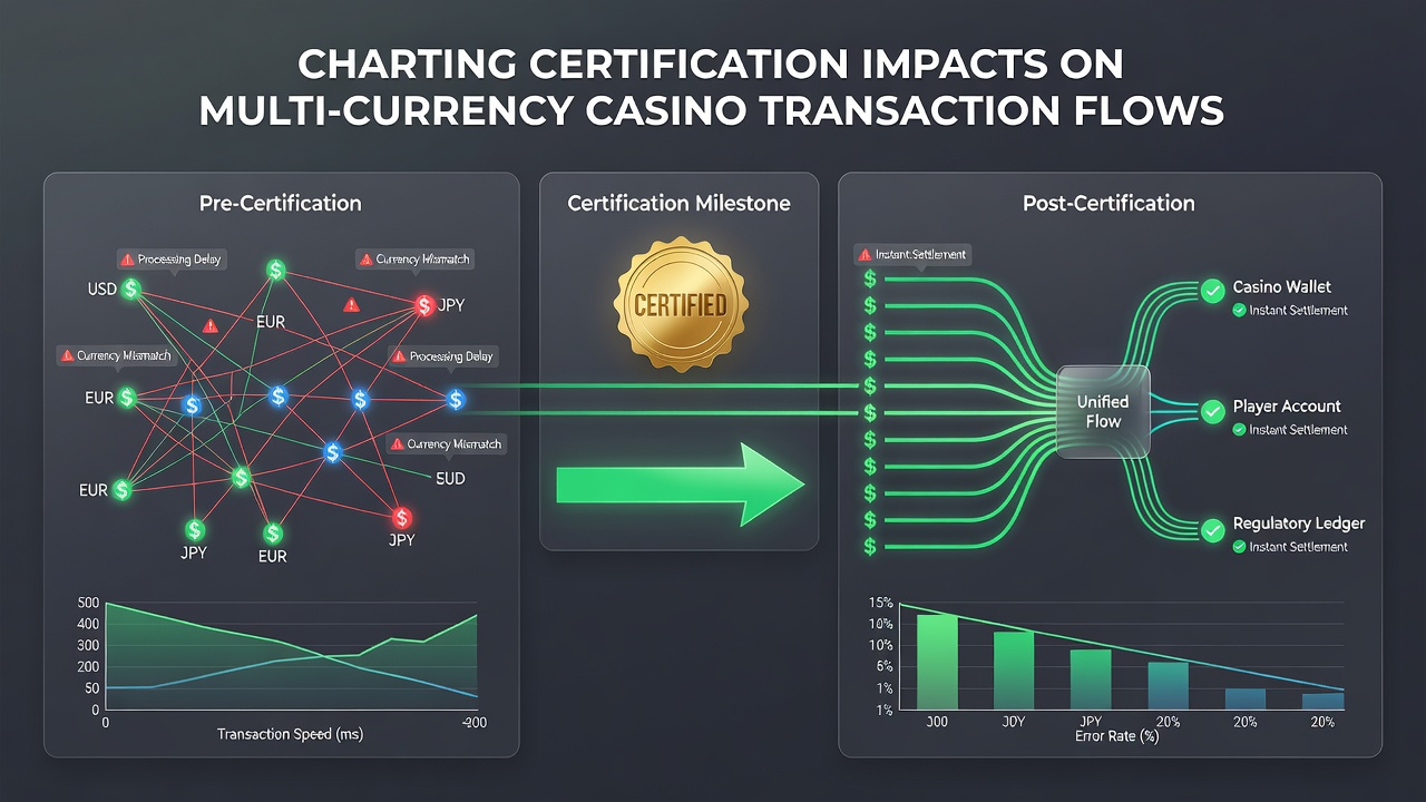 Multi-currency transaction flow map highlighting certification checkpoints