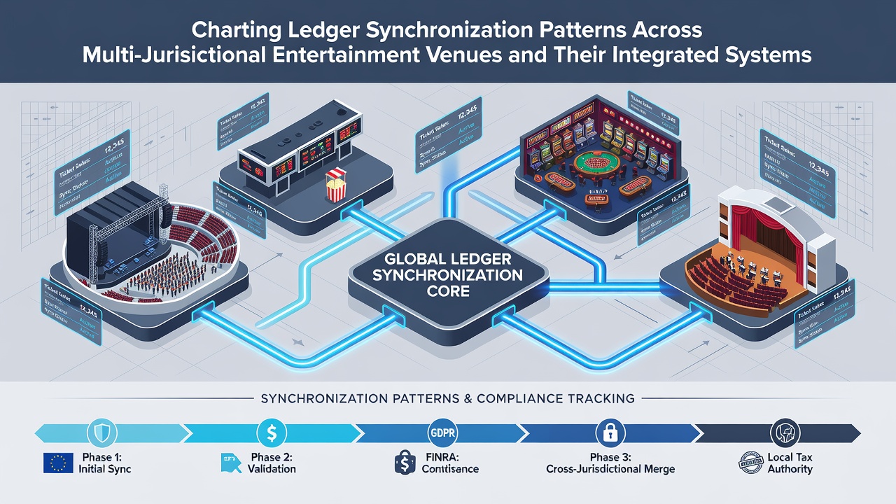 Multi-jurisdictional settlement timeline chart for entertainment venue ledgers