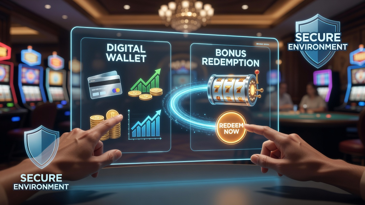 Digital wallet interface showing secure bonus redemption flow in an online casino platform