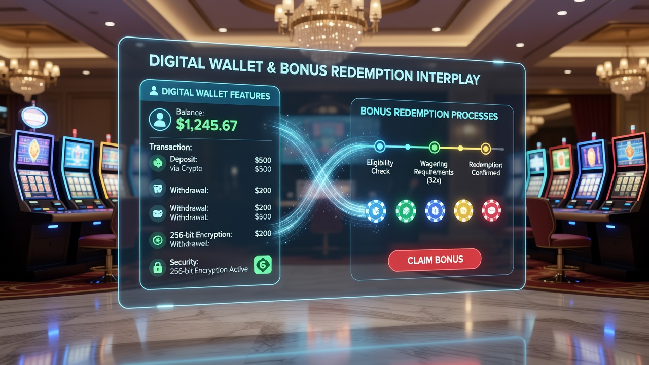 Secure casino backend dashboard displaying wallet verification and bonus redemption metrics