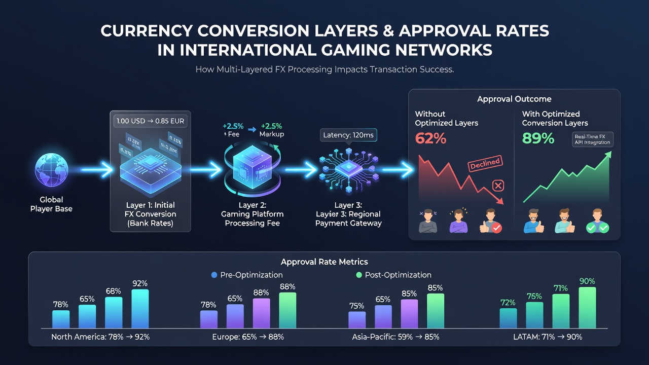 Chart illustrating approval rate variations by number of currency conversion layers in global gaming transactions