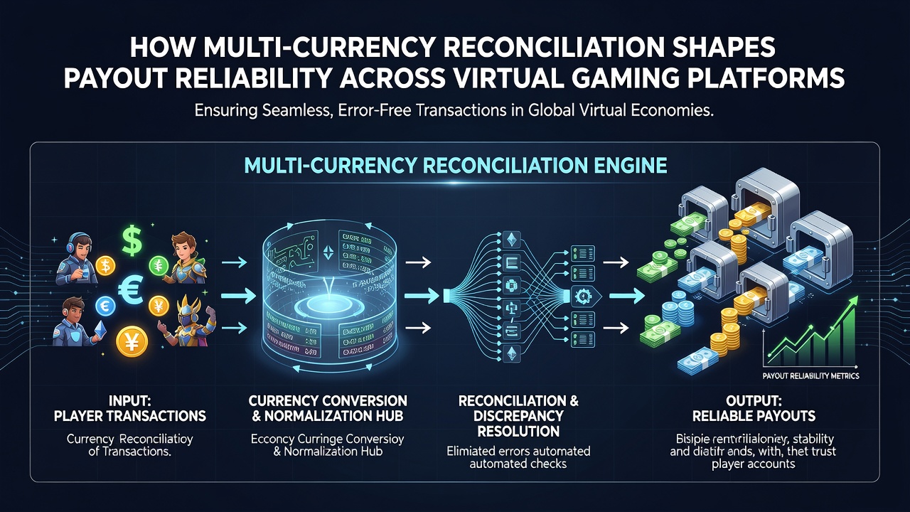 Gaming platform interface showing reconciled multi-currency transactions and payout confirmation screen