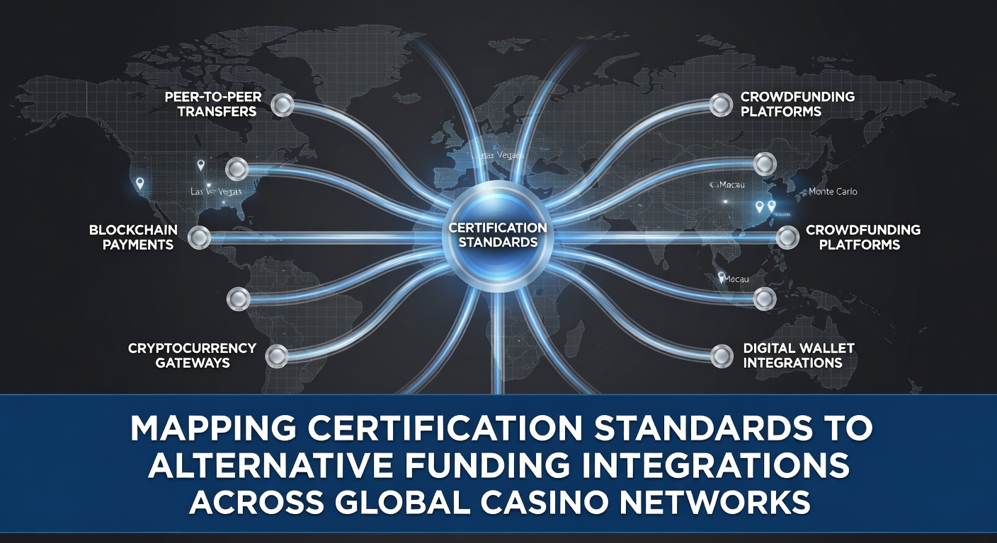 Global casino network diagram showing certification layers connected to various alternative funding pathways across international borders