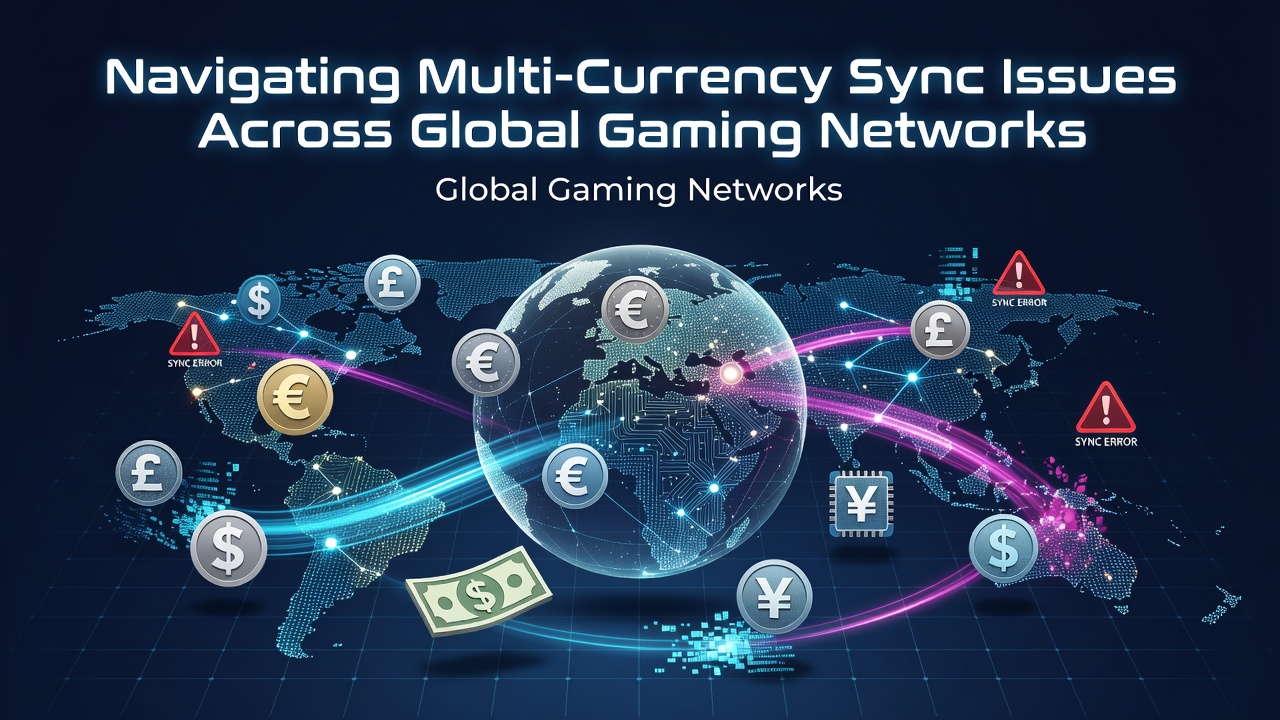 Global gaming network currency synchronization diagram showing interconnected servers and currency conversion paths
