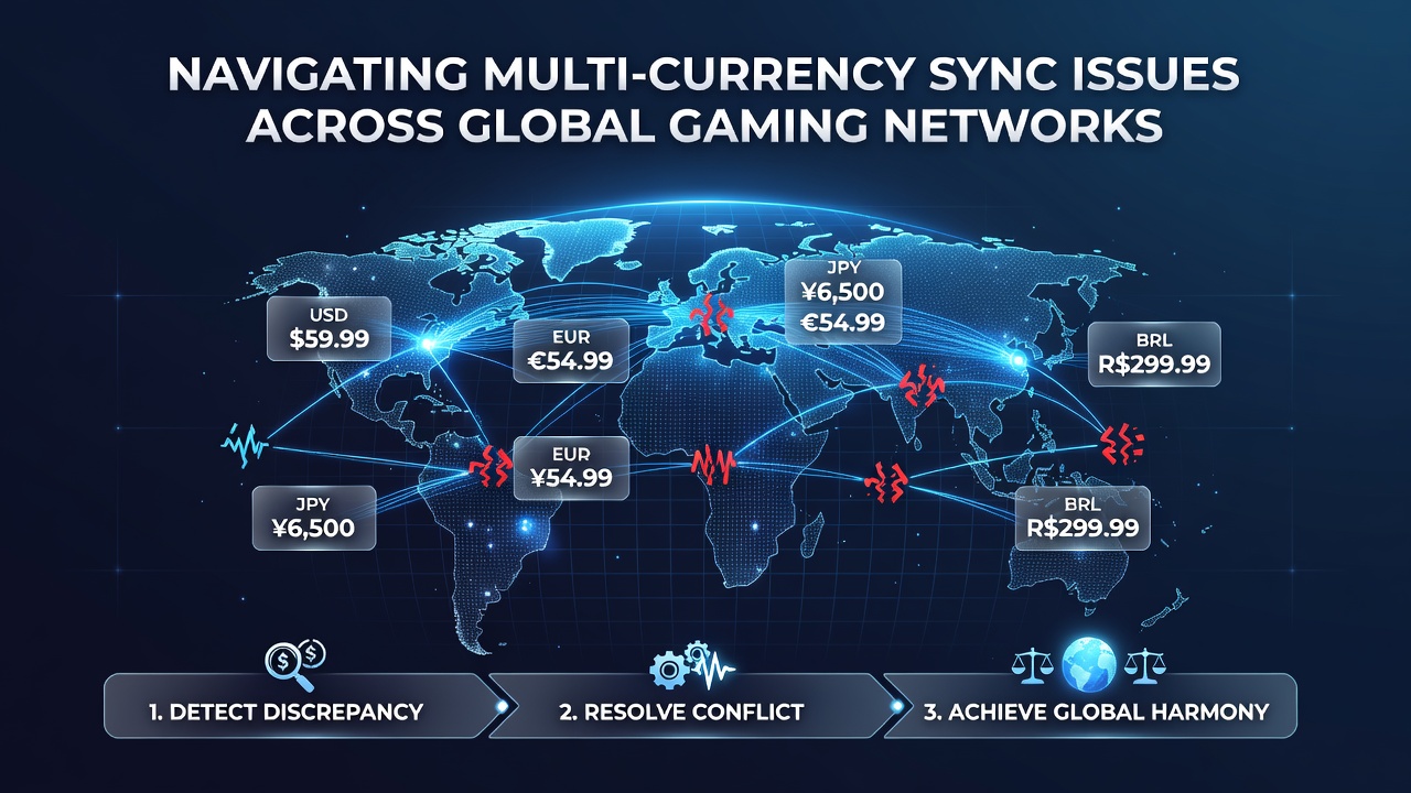Illustration of multi-currency transaction flows in online gaming platforms with highlighted conversion checkpoints