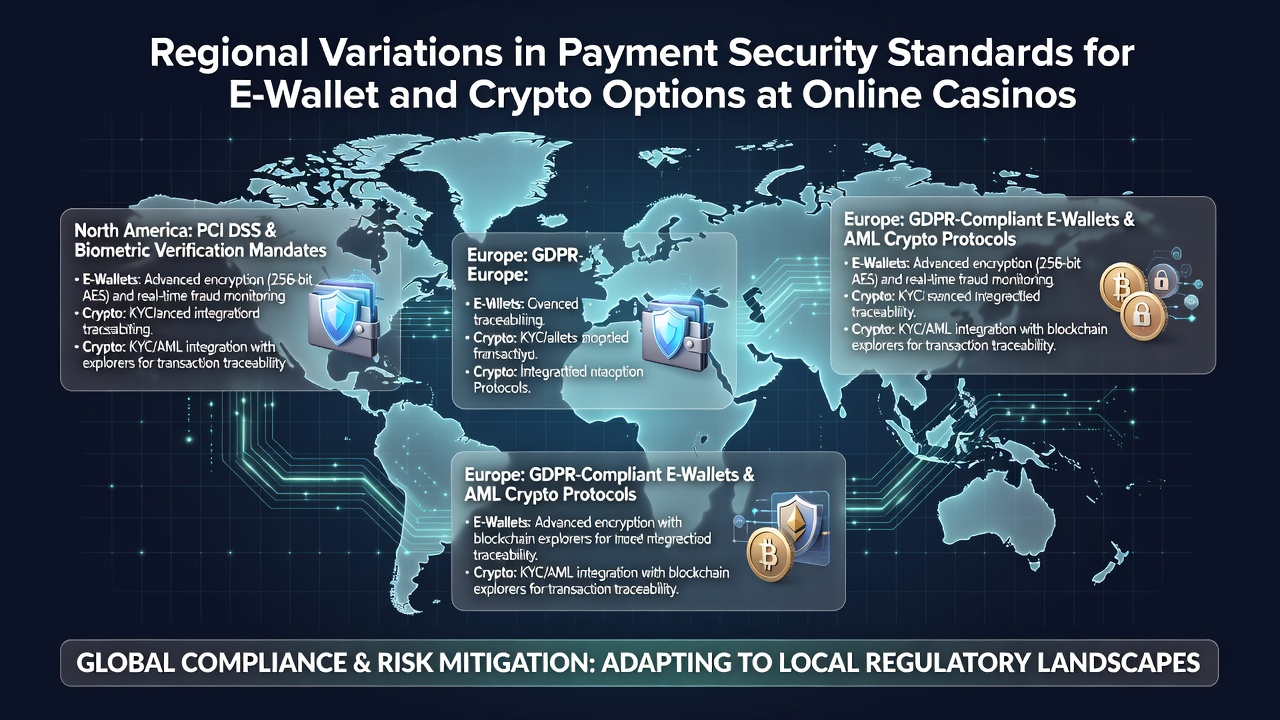 Global map highlighting e-wallet and cryptocurrency security standards by region