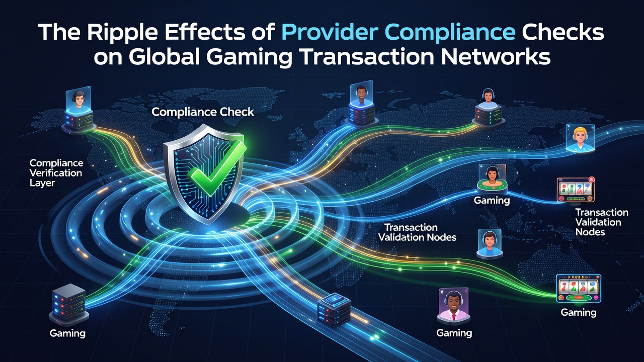 Illustration of interconnected global gaming transaction networks under compliance review