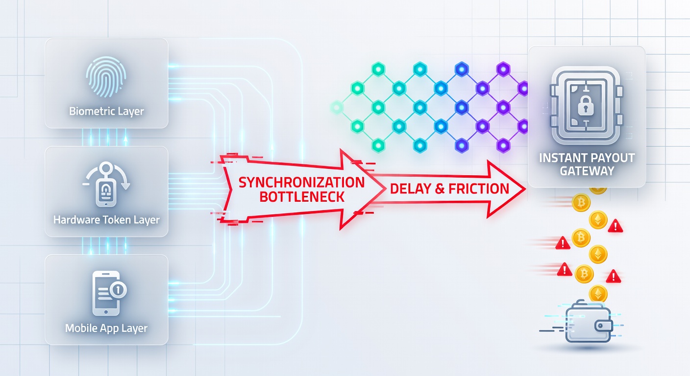 Flowchart illustrating API handoff delays between authentication servers and crypto nodes during payout requests