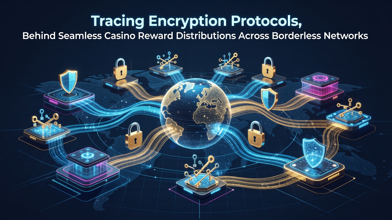 Network diagram showing encrypted data flows across global casino reward systems with layered protocol indicators