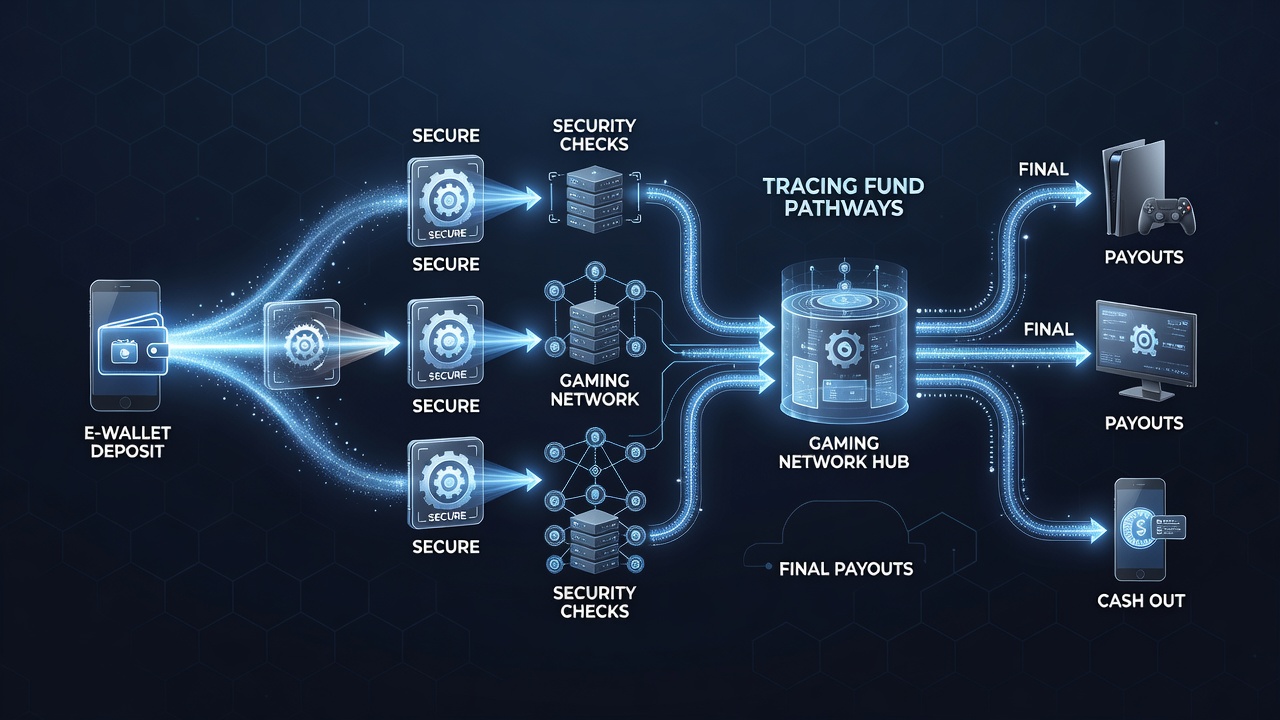 Flowchart illustrating e-wallet deposit pathways through security verification to gaming network payouts