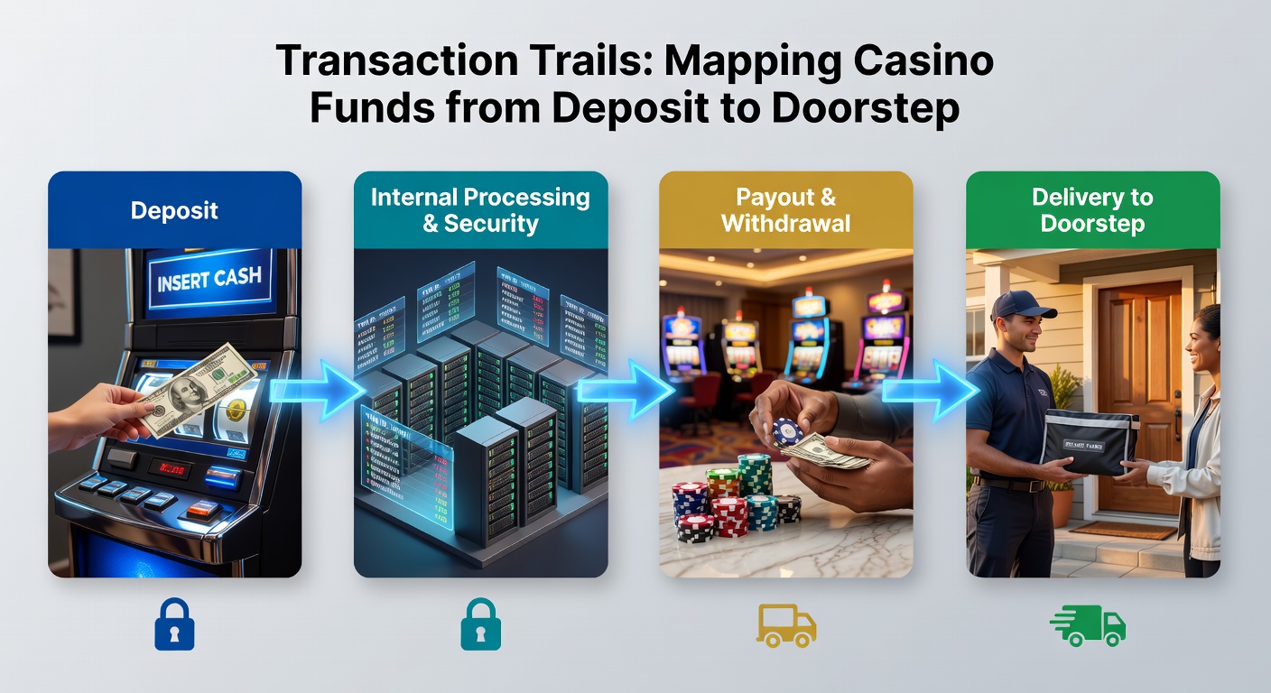 Digital flowchart illustrating the journey of casino funds from player deposit through processing to final withdrawal, with secure locks and global payment icons highlighting each stage